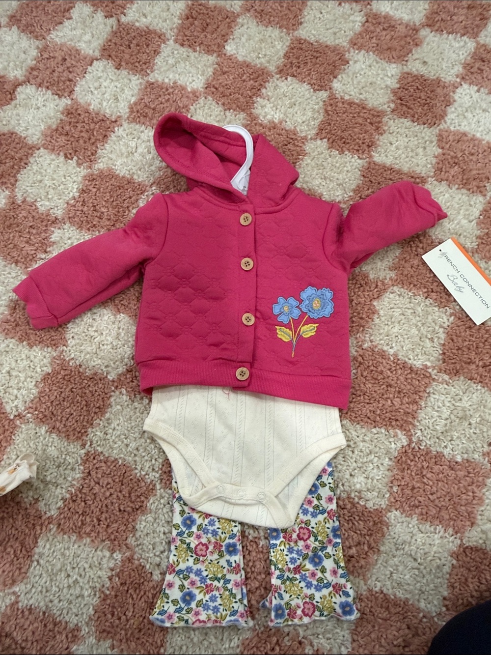 Girls' Pink Hooded Jacket with Floral Embroidery & Cream Onesie Set